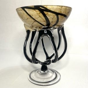 Zorza Vintage Hand Blown Art Glass Jellyfish  Pedestal Bowl, Poland 1990's 8"